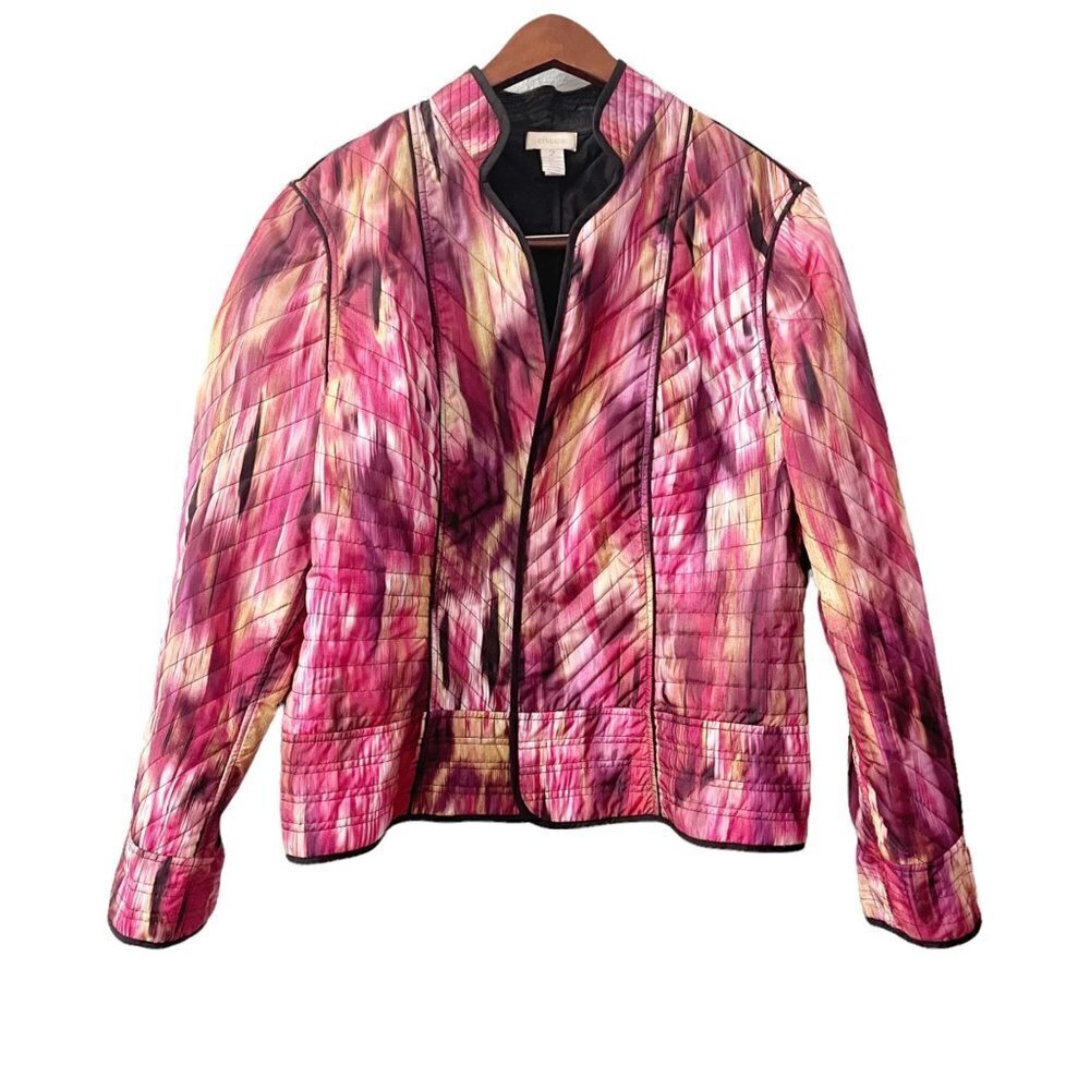 Chico's Red Watercolor Puffer Open Jacket Chico's Size 2 Women's Large Colorful